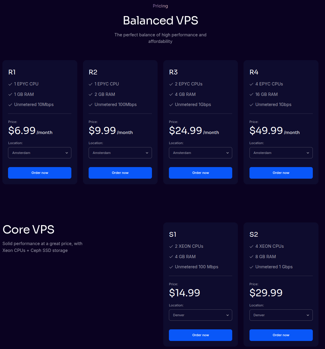 Shows available instance plans, resource allocations, and pricing tiers
