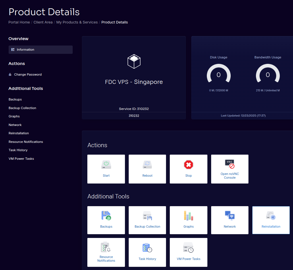 Shows active instance with IP address and available actions