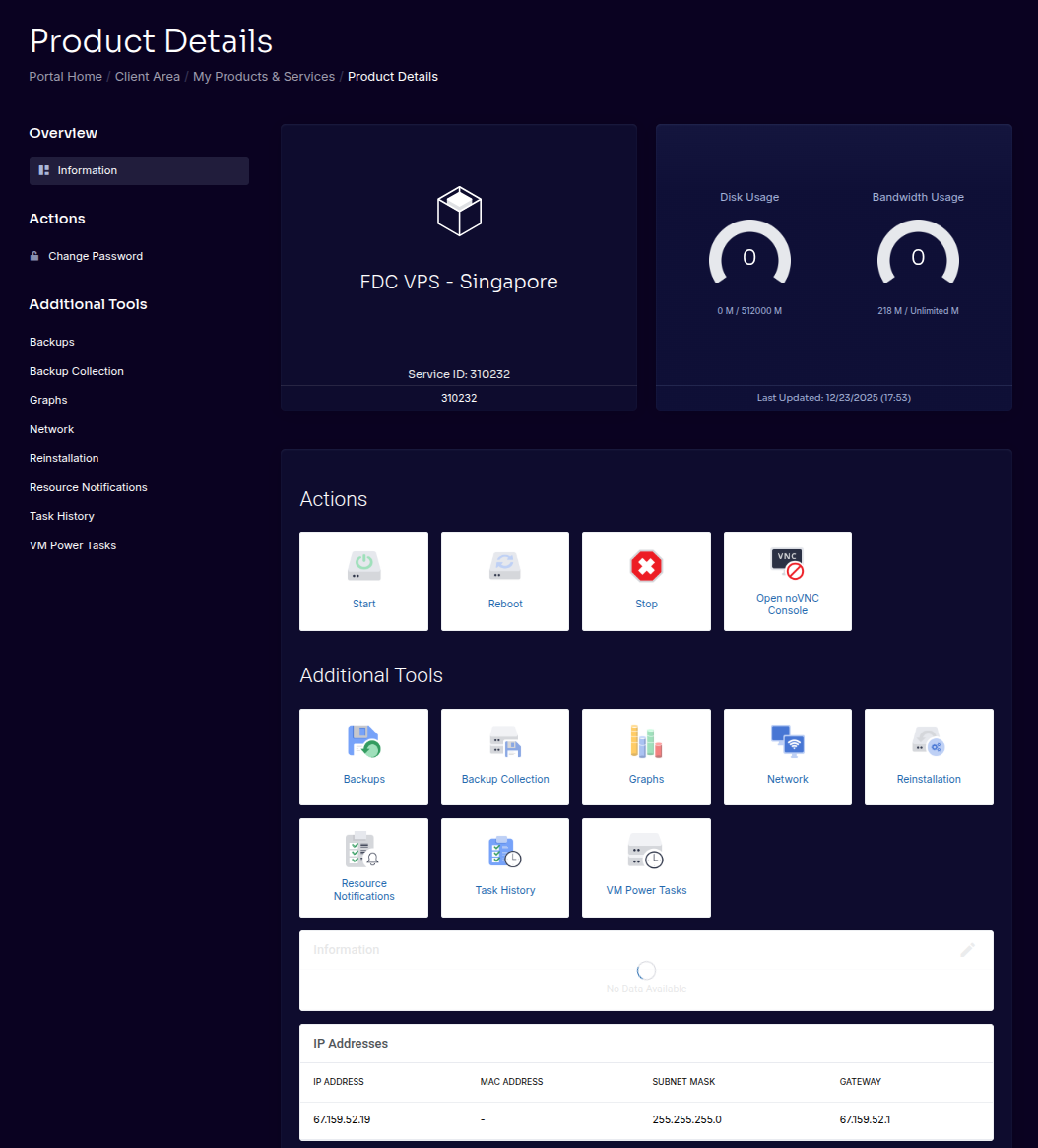 Shows instance overview including IP address, credentials, and management actions
