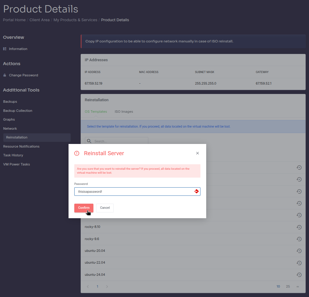 Shows OS reinstall selection and confirmation warning