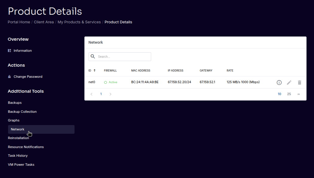 Shows assigned IPv4 address(es) and basic network information