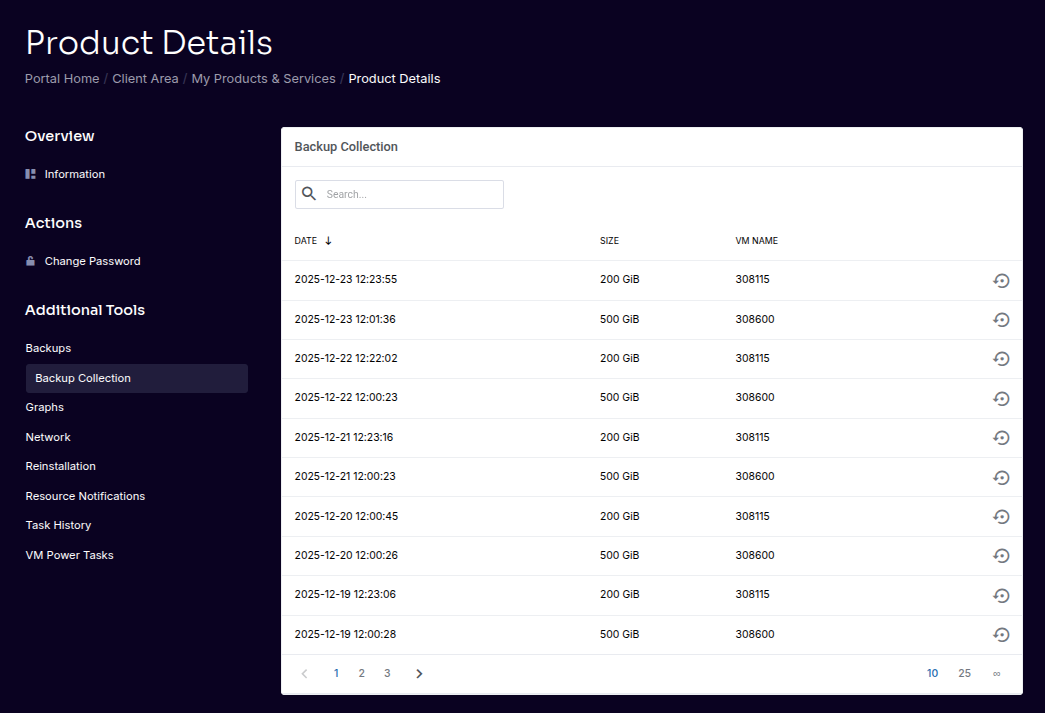 Shows daily snapshots with timestamps and restore options