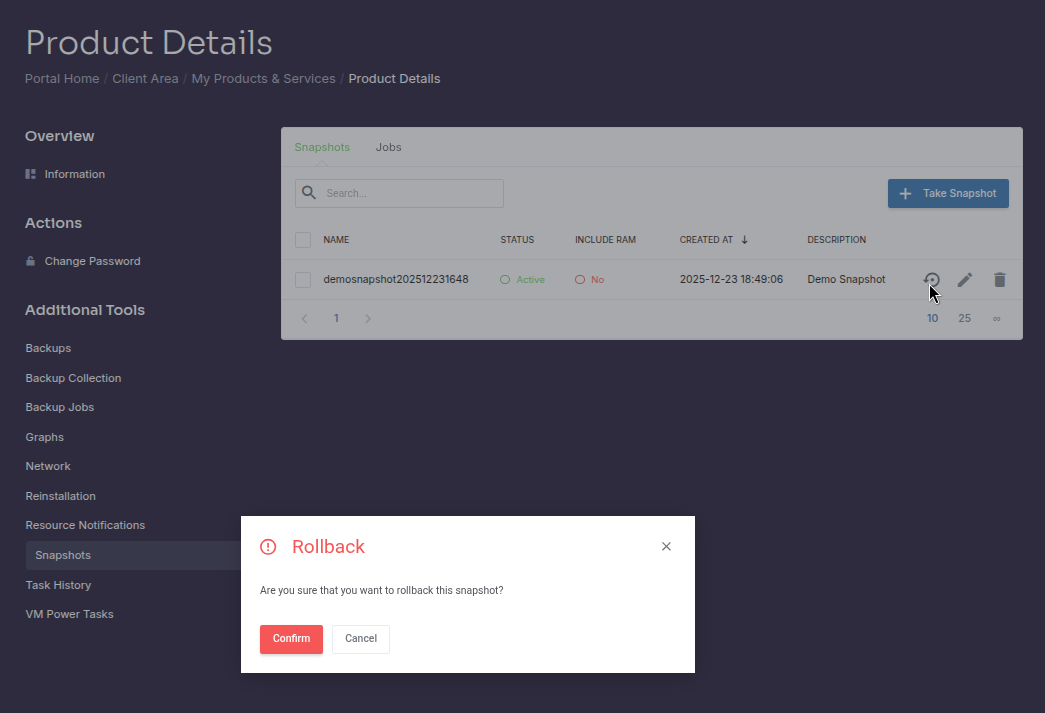 Shows snapshot restore action with data loss warning
