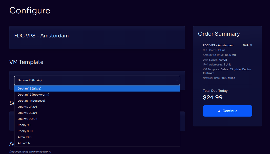 Shows available Linux templates during provisioning
