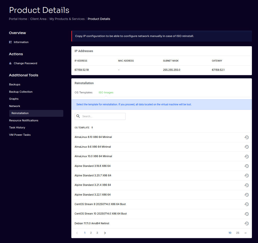 Shows available ISOs and mount action in the client portal