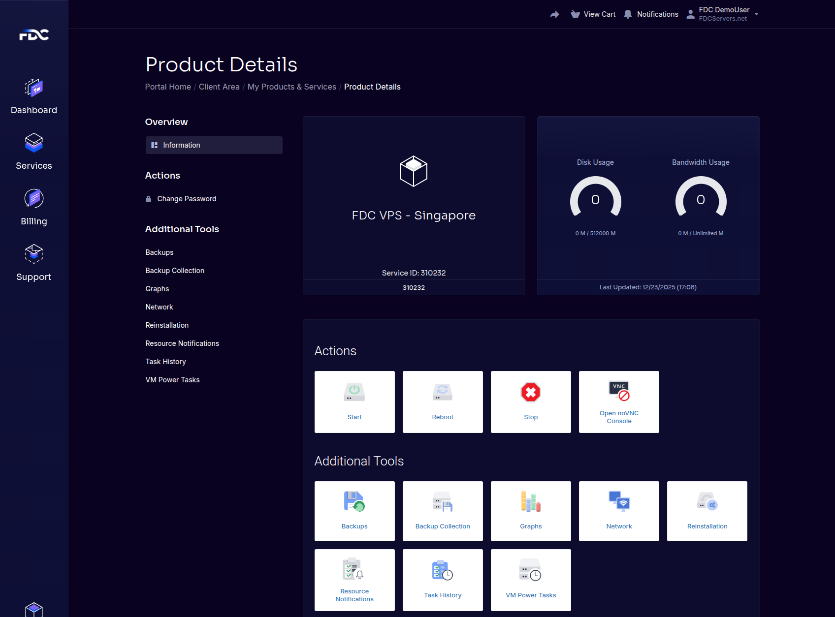 Shows instance summary, assigned resources, IP address, and available management actions